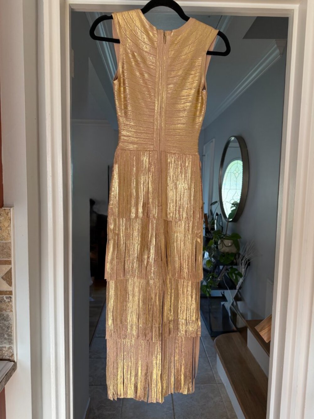 Hervé Léger Foiled Bandage Fringe Midi Dress - Gold, XXS - Picture 2 of 4